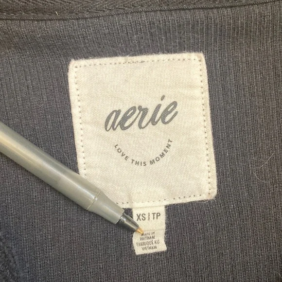 Aerie Textured Black Color Henley Hoodie. - Picture 3 of 9